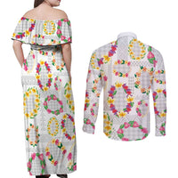 Hawaiian Kakau Tattoo Leis and Palaka Pattern Couples Matching Off Shoulder Maxi Dress and Long Sleeve Button Shirt Traditional Aloha Tribal White Color LT03 - Polynesian Pride