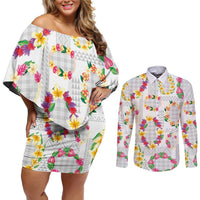 Hawaiian Kakau Tattoo Leis and Palaka Pattern Couples Matching Off Shoulder Short Dress and Long Sleeve Button Shirt Traditional Aloha Tribal White Color LT03 White - Polynesian Pride
