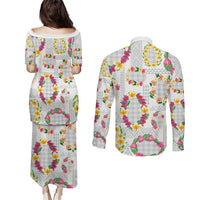 Hawaiian Kakau Tattoo Leis and Palaka Pattern Couples Matching Puletasi and Long Sleeve Button Shirt Traditional Aloha Tribal White Color LT03 - Polynesian Pride