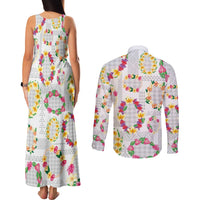 Hawaiian Kakau Tattoo Leis and Palaka Pattern Couples Matching Tank Maxi Dress and Long Sleeve Button Shirt Traditional Aloha Tribal White Color LT03 - Polynesian Pride