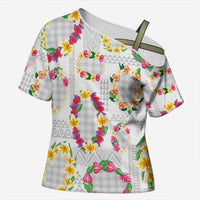 Hawaiian Kakau Tattoo Leis and Palaka Pattern Cross Shoulder Shirt Traditional Aloha Tribal White Color LT03 Female White - Polynesian Pride