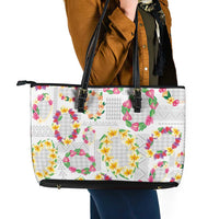 Hawaiian Kakau Tattoo Leis and Palaka Pattern Leather Tote Bag Traditional Aloha Tribal White Color