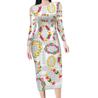 Hawaiian Kakau Tattoo Leis and Palaka Pattern Long Sleeve Bodycon Dress Traditional Aloha Tribal White Color LT03 Long Dress White - Polynesian Pride