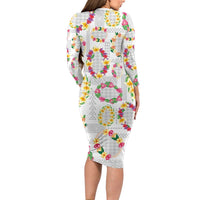 Hawaiian Kakau Tattoo Leis and Palaka Pattern Long Sleeve Bodycon Dress Traditional Aloha Tribal White Color LT03 - Polynesian Pride