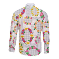 Hawaiian Kakau Tattoo Leis and Palaka Pattern Long Sleeve Button Shirt Traditional Aloha Tribal White Color