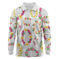 Hawaiian Kakau Tattoo Leis and Palaka Pattern Long Sleeve Polo Shirt Traditional Aloha Tribal White Color LT03 White - Polynesian Pride