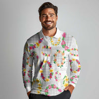 Hawaiian Kakau Tattoo Leis and Palaka Pattern Long Sleeve Polo Shirt Traditional Aloha Tribal White Color LT03 - Polynesian Pride