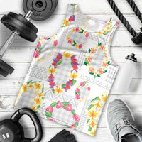 Hawaiian Kakau Tattoo Leis and Palaka Pattern Men Tank Top Traditional Aloha Tribal White Color