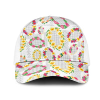 Hawaiian Kakau Tattoo Leis and Palaka Pattern Mesh Trucker Cap Traditional Aloha Tribal White Color