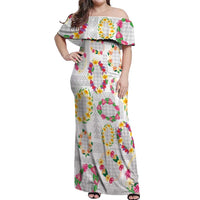 Hawaiian Kakau Tattoo Leis and Palaka Pattern Off Shoulder Maxi Dress Traditional Aloha Tribal White Color LT03 Women White - Polynesian Pride