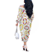 Hawaiian Kakau Tattoo Leis and Palaka Pattern Off The Shoulder Long Sleeve Dress Traditional Aloha Tribal White Color LT03 - Polynesian Pride