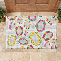Hawaiian Kakau Tattoo Leis and Palaka Pattern Rubber Doormat Traditional Aloha Tribal White Color