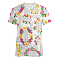 Hawaiian Kakau Tattoo Leis and Palaka Pattern Women V-Neck T-Shirt Traditional Aloha Tribal White Color LT03 Female White - Polynesian Pride