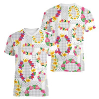 Hawaiian Kakau Tattoo Leis and Palaka Pattern Women V-Neck T-Shirt Traditional Aloha Tribal White Color LT03 - Polynesian Pride
