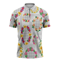 Hawaiian Kakau Tattoo Leis and Palaka Pattern Zipper Polo Shirt Traditional Aloha Tribal White Color LT03 White - Polynesian Pride
