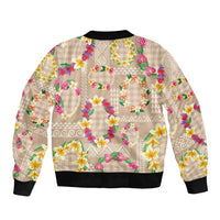 Hawaiian Kakau Tattoo Leis and Palaka Pattern Bomber Jacket Traditional Aloha Tribal Beige Color