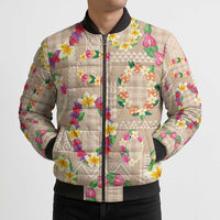 Hawaiian Kakau Tattoo Leis and Palaka Pattern Bomber Puffer Jacket Traditional Aloha Tribal Beige Color