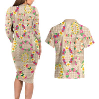 Hawaiian Kakau Tattoo Leis and Palaka Pattern Couples Matching Long Sleeve Bodycon Dress and Hawaiian Shirt Traditional Aloha Tribal Beige Color LT03 - Polynesian Pride