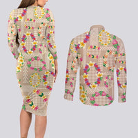 Hawaiian Kakau Tattoo Leis and Palaka Pattern Couples Matching Long Sleeve Bodycon Dress and Long Sleeve Button Shirt Traditional Aloha Tribal Beige Color LT03 - Polynesian Pride