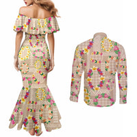 Hawaiian Kakau Tattoo Leis and Palaka Pattern Couples Matching Mermaid Dress and Long Sleeve Button Shirt Traditional Aloha Tribal Beige Color LT03 - Polynesian Pride