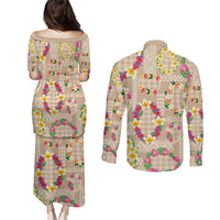 Hawaiian Kakau Tattoo Leis and Palaka Pattern Couples Matching Puletasi and Long Sleeve Button Shirt Traditional Aloha Tribal Beige Color LT03 - Polynesian Pride
