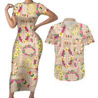 Hawaiian Kakau Tattoo Leis and Palaka Pattern Couples Matching Short Sleeve Bodycon Dress and Hawaiian Shirt Traditional Aloha Tribal Beige Color LT03 Beige - Polynesian Pride