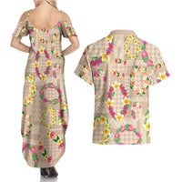 Hawaiian Kakau Tattoo Leis and Palaka Pattern Couples Matching Summer Maxi Dress and Hawaiian Shirt Traditional Aloha Tribal Beige Color LT03 - Polynesian Pride