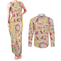 Hawaiian Kakau Tattoo Leis and Palaka Pattern Couples Matching Tank Maxi Dress and Long Sleeve Button Shirt Traditional Aloha Tribal Beige Color LT03 Beige - Polynesian Pride