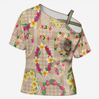 Hawaiian Kakau Tattoo Leis and Palaka Pattern Cross Shoulder Shirt Traditional Aloha Tribal Beige Color LT03 Female Beige - Polynesian Pride