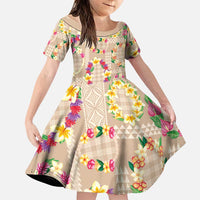 Hawaiian Kakau Tattoo Leis and Palaka Pattern Family Matching Off Shoulder Maxi Dress and Hawaiian Shirt Traditional Aloha Tribal Beige Color LT03 Daughter's Dress Beige - Polynesian Pride