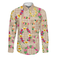Hawaiian Kakau Tattoo Leis and Palaka Pattern Family Matching Short Sleeve Bodycon Dress and Hawaiian Shirt Traditional Aloha Tribal Beige Color LT03 Dad's Shirt - Long Sleeve Beige - Polynesian Pride