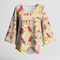 Hawaiian Kakau Tattoo Leis and Palaka Pattern Kimono Sleeve Blouse Traditional Aloha Tribal Beige Color LT03 Female Beige - Polynesian Pride