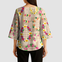 Hawaiian Kakau Tattoo Leis and Palaka Pattern Kimono Sleeve Blouse Traditional Aloha Tribal Beige Color LT03 - Polynesian Pride