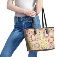 Hawaiian Kakau Tattoo Leis and Palaka Pattern Leather Tote Bag Traditional Aloha Tribal Beige Color LT03 - Polynesian Pride