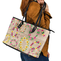 Hawaiian Kakau Tattoo Leis and Palaka Pattern Leather Tote Bag Traditional Aloha Tribal Beige Color LT03 - Polynesian Pride