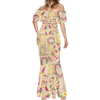 Hawaiian Kakau Tattoo Leis and Palaka Pattern Mermaid Dress Traditional Aloha Tribal Beige Color LT03 - Polynesian Pride