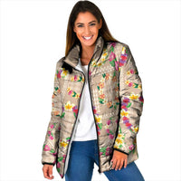 Hawaiian Kakau Tattoo Leis and Palaka Pattern Padded Jacket Traditional Aloha Tribal Beige Color