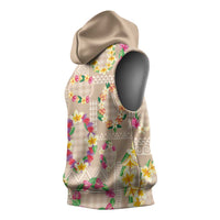 Hawaiian Kakau Tattoo Leis and Palaka Pattern Sleeveless Hoodie Traditional Aloha Tribal Beige Color LT03 - Polynesian Pride