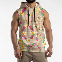 Hawaiian Kakau Tattoo Leis and Palaka Pattern Sleeveless Hoodie Traditional Aloha Tribal Beige Color LT03 - Polynesian Pride