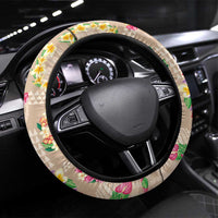 Hawaiian Kakau Tattoo Leis and Palaka Pattern Steering Wheel Cover Traditional Aloha Tribal Beige Color LT03 Universal Fit Beige - Polynesian Pride
