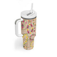 Hawaiian Kakau Tattoo Leis and Palaka Pattern Tumbler With Handle Traditional Aloha Tribal Beige Color LT03 - Polynesian Pride