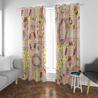 Hawaiian Kakau Tattoo Leis and Palaka Pattern Window Curtain Traditional Aloha Tribal Beige Color