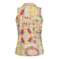 Hawaiian Kakau Tattoo Leis and Palaka Pattern Women Sleeveless Polo Shirt Traditional Aloha Tribal Beige Color LT03 - Polynesian Pride