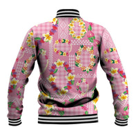 Hawaiian Leis Baseball Jacket Kakau Tattoos and Palaka Pastel Pink Color