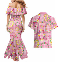 Hawaiian Leis Couples Matching Mermaid Dress and Hawaiian Shirt Kakau Tattoos and Palaka Pastel Pink Color LT03 - Polynesian Pride