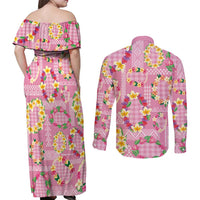 Hawaiian Leis Couples Matching Off Shoulder Maxi Dress and Long Sleeve Button Shirt Kakau Tattoos and Palaka Pastel Pink Color LT03 - Polynesian Pride