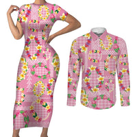Hawaiian Leis Couples Matching Short Sleeve Bodycon Dress and Long Sleeve Button Shirt Kakau Tattoos and Palaka Pastel Pink Color LT03 Pink - Polynesian Pride
