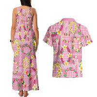 Hawaiian Leis Couples Matching Tank Maxi Dress and Hawaiian Shirt Kakau Tattoos and Palaka Pastel Pink Color LT03 - Polynesian Pride