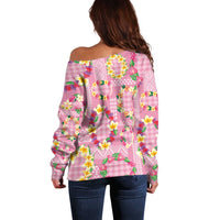 Hawaiian Leis Off Shoulder Sweater Kakau Tattoos and Palaka Pastel Pink Color