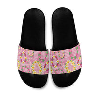 Hawaiian Leis Slide Sandals Kakau Tattoos and Palaka Pastel Pink Color